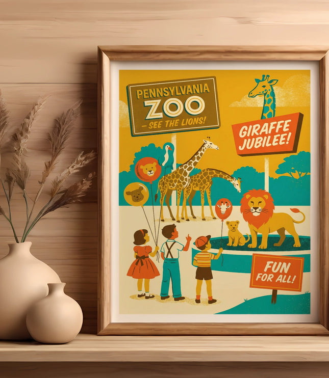 ZOO sign with giraffes, lions, and children, "Giraffe Jubilee" and "Fun for All" text.