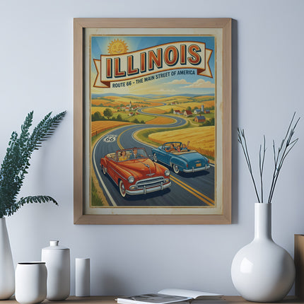 Retro Route 66 illustration with two vintage cars on a scenic highway.