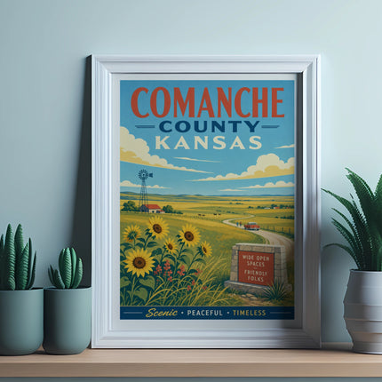 Comanche County poster with sunflowers, windmill, and text "Scenic, Peaceful, Timeless."