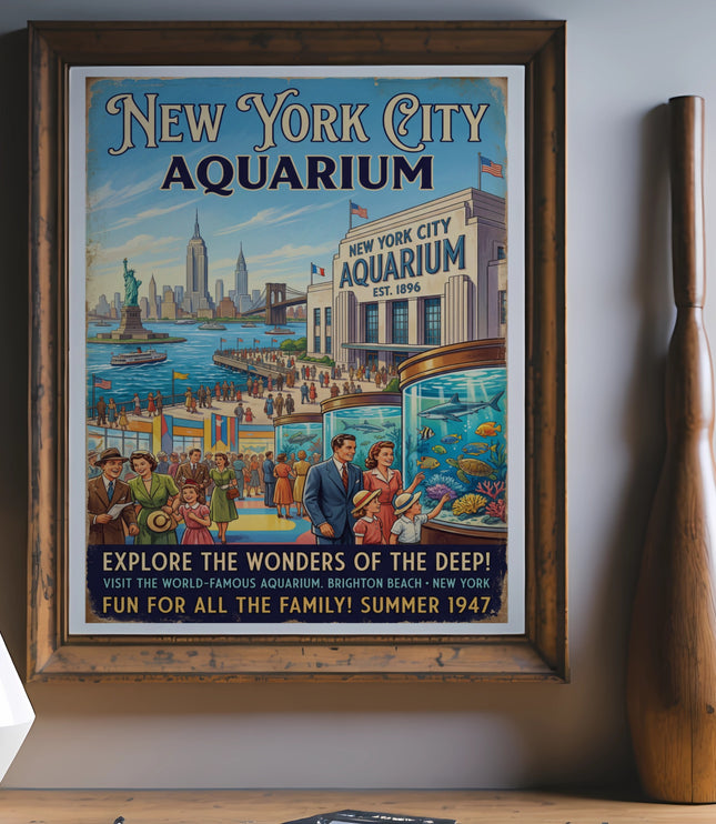 New York City Aquarium poster with vintage illustration.