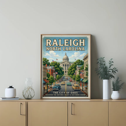 Raleigh North Carolina poster featuring capitol building and vintage cars.