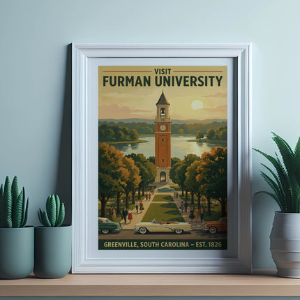 Furman University poster with clock tower, lake, and vintage cars, Greenville, SC.
