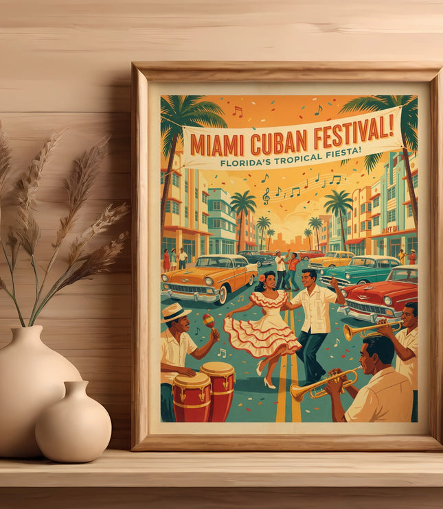 Miami Cuban Festival poster with dancing people, vintage cars, and musicians.