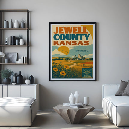 Poster for Jewell County Kansas featuring sunflowers, fields, and town buildings.