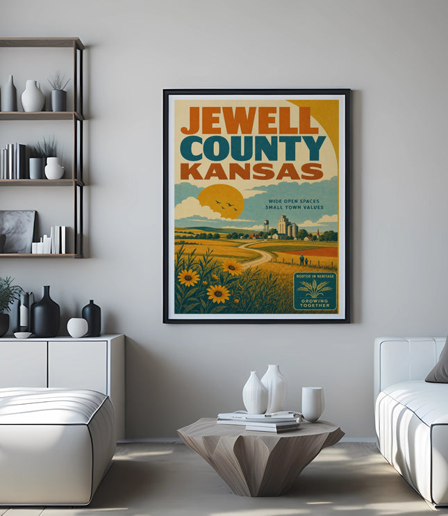 Poster for Jewell County Kansas featuring sunflowers, fields, and town buildings.