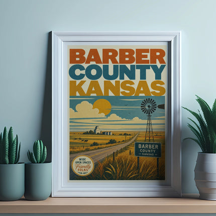 Framed poster for Barber County, Kansas, featuring vintage graphics and text.