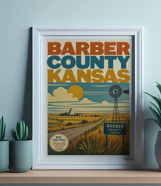 Framed poster for Barber County, Kansas, featuring vintage graphics and text.