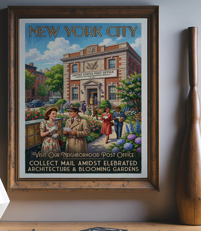 New York City Post Office vintage travel poster with people and gardens.
