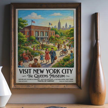 Vintage poster for the Queens Museum with people, buildings, and text.