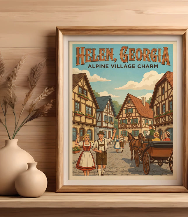 Poster of Helen, Georgia featuring alpine village charm and traditional figures.