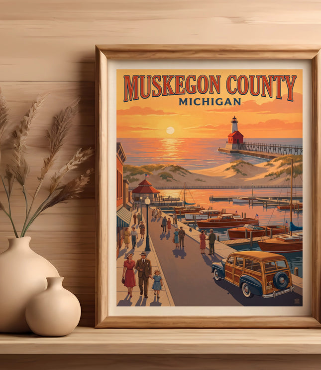 Muskegon County Michigan coastal scene with lighthouse, boats, and people.