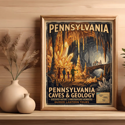 Pennsylvania Caves and Geology poster featuring guided lantern tours.