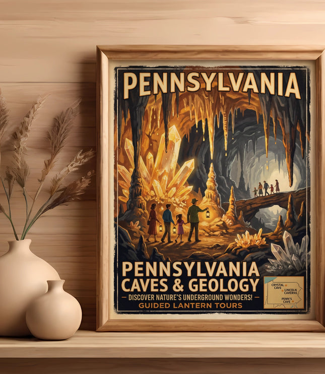 Pennsylvania Caves and Geology poster featuring guided lantern tours.