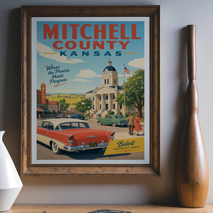 Vintage poster of Mitchell County Courthouse Square in Beloit, Kansas.