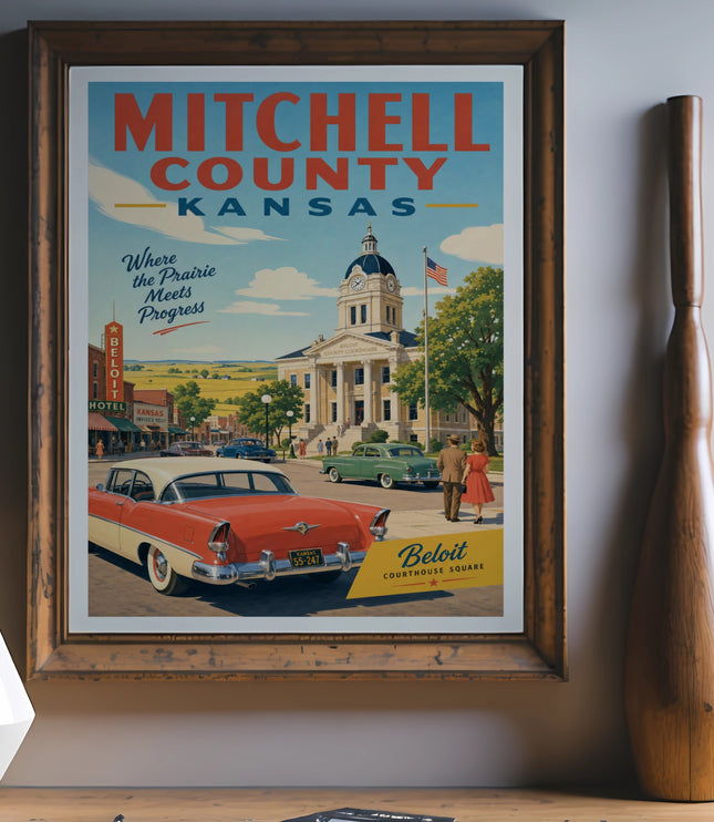Vintage poster of Mitchell County Courthouse Square in Beloit, Kansas.