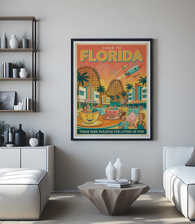 Vintage Florida theme park poster featuring roller coasters, Ferris wheel, and text.