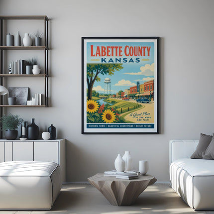 Labette County Kansas poster with historic town, sunflowers, and text.