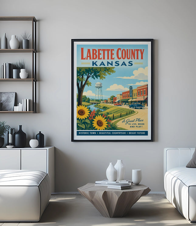 Labette County Kansas poster with historic town, sunflowers, and text.