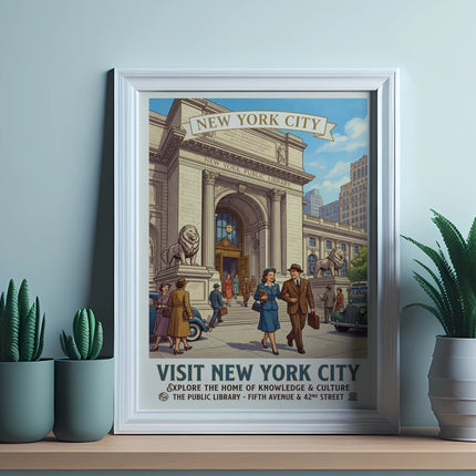 Vintage "Visit New York City" poster of the Public Library on Fifth Avenue.