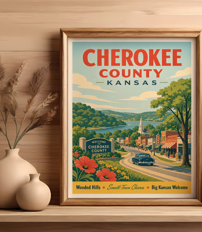 Cherokee County Kansas travel poster with town and landscape.
