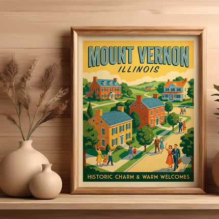 Mount Vernon, Illinois vintage travel poster with historic homes and people.