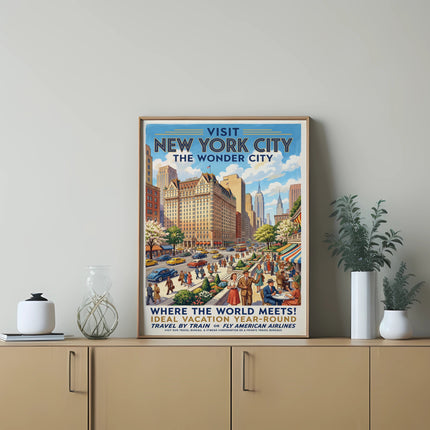 Vintage poster of New York City with "The Wonder City" and "The Plaza Hotel" text.