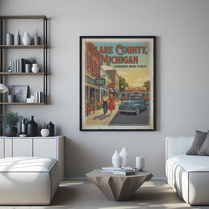 Clare County, Michigan vintage travel poster featuring downtown street scene.