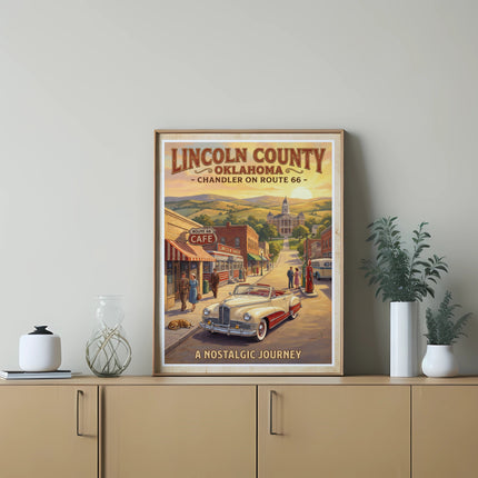 Vintage poster of Lincoln County, Oklahoma, Chandler on Route 66, with classic car.