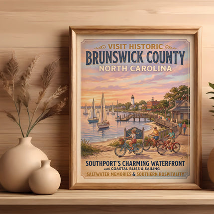 Brunswick County, North Carolina vintage travel poster with waterfront scene.