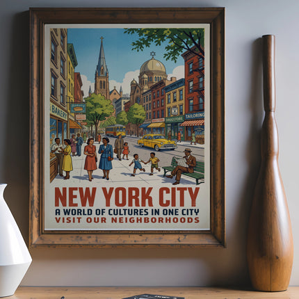 Vintage New York City poster with diverse neighborhoods and city life.