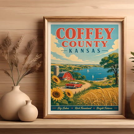 Vintage Coffey County Kansas travel poster with farm scene and lake.