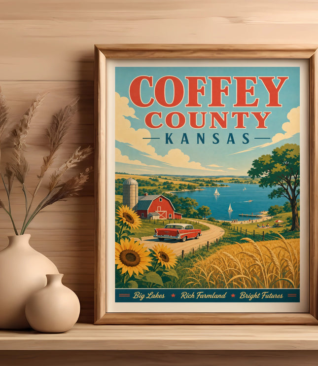 Vintage Coffey County Kansas travel poster with farm scene and lake.