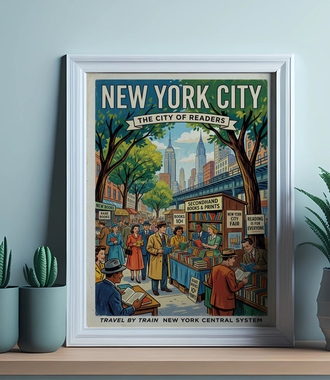 New York City poster showing a street fair with people browsing books and prints.