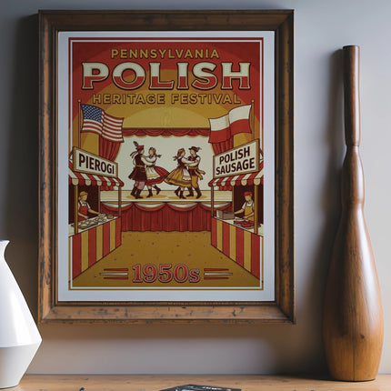 Pennsylvania Polish Heritage Festival poster with dancers and food stalls.