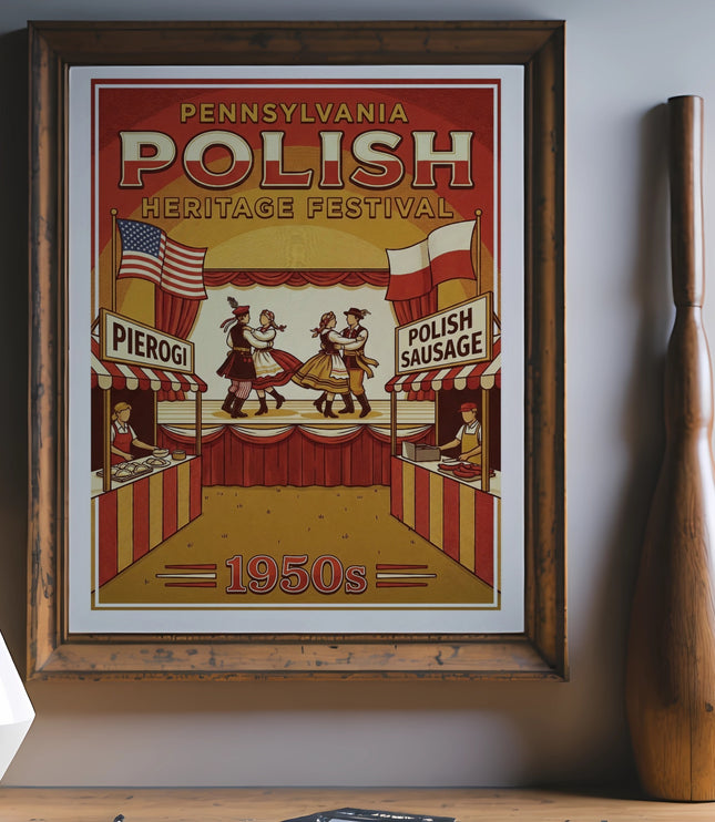 Pennsylvania Polish Heritage Festival poster with dancers and food stalls.