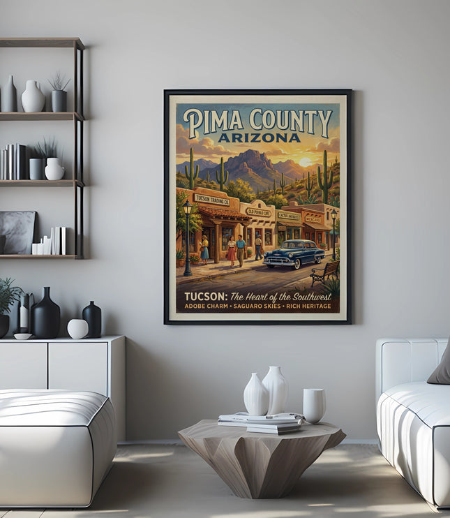Vintage poster for Pima County, Arizona, depicting a southwest town scene at sunset.