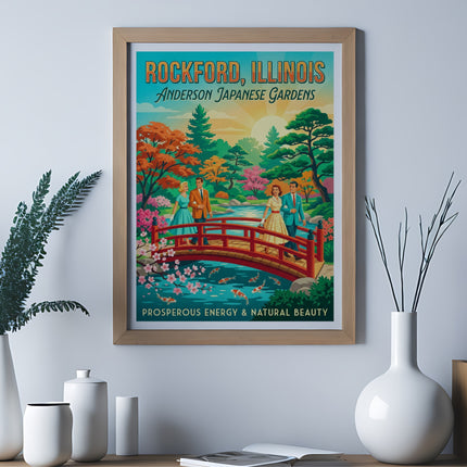 Vintage travel poster for Rockford, Illinois featuring a bridge, koi pond, and couple.