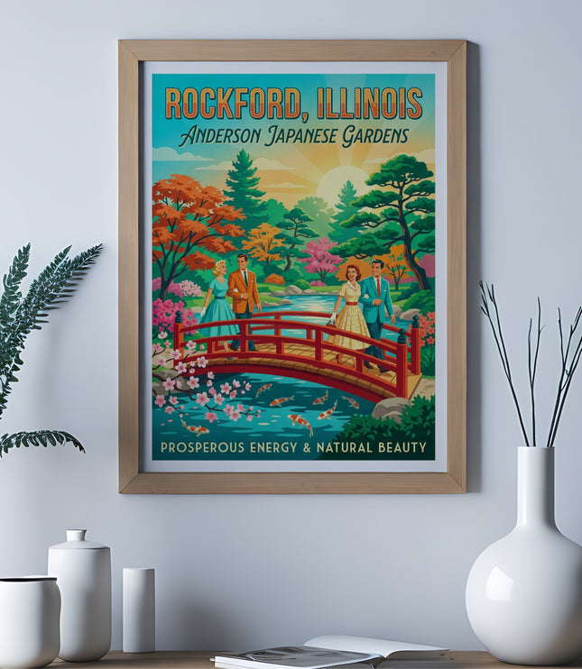 Vintage travel poster for Rockford, Illinois featuring a bridge, koi pond, and couple.