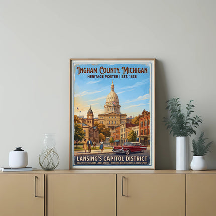 Ingham County, Michigan Heritage Poster featuring Lansing's Capitol District.