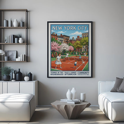 New York City poster depicting tennis in a summer neighborhood afternoon.