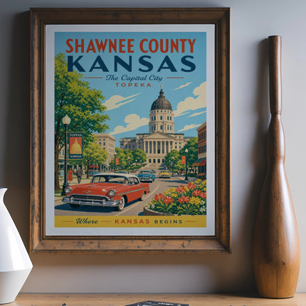Vintage travel poster of the Kansas State Capitol building in Topeka.