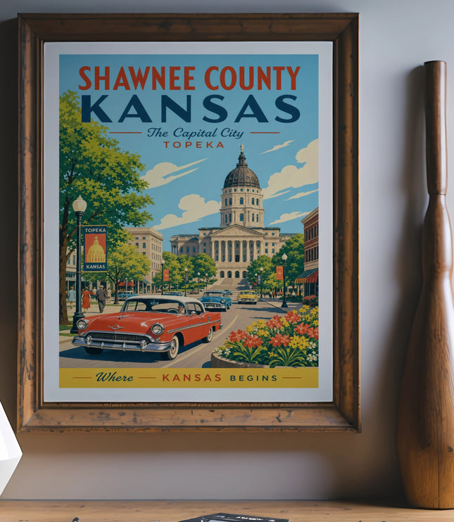 Vintage travel poster of the Kansas State Capitol building in Topeka.