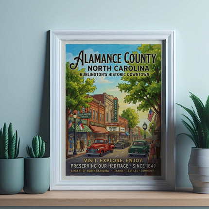 Poster of downtown Burlington, North Carolina, with vintage cars and buildings.