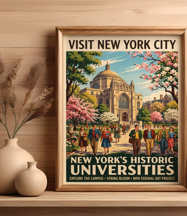 Vintage poster of New York's historic universities with people walking in spring bloom.