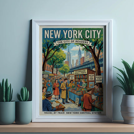 New York City: The City of Readers, vintage poster of bustling street with book stalls.