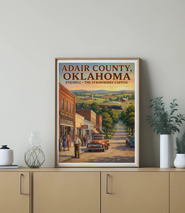 Adair County, Oklahoma art print with "Stilwell The Strawberry Capital" text.
