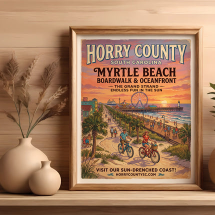 Horry County, South Carolina, Myrtle Beach Boardwalk & Oceanfront vintage travel poster.