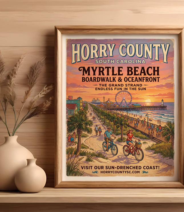 Horry County, South Carolina, Myrtle Beach Boardwalk & Oceanfront vintage travel poster.
