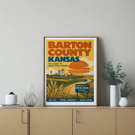Barton County Kansas welcome sign with Great Bend text and a sun graphic.