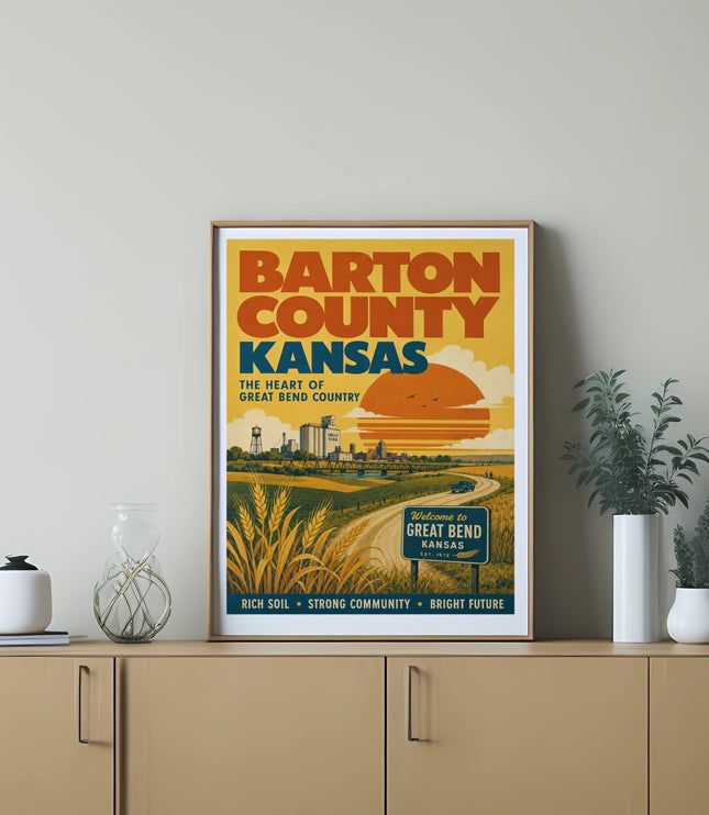 Barton County Kansas welcome sign with Great Bend text and a sun graphic.